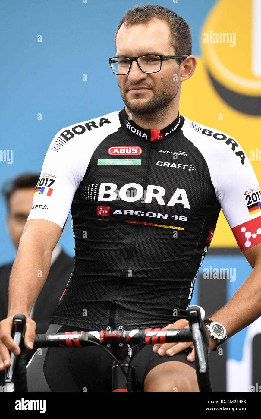 Czech Jan Barta of Bora-Argon 18 pictured during a team presentation ahead of the start of the 103rd edition of the Tour de France cycling race, Thursday 30 June 2016 in Sainte-Mere-Eglise, France. This year's Tour de France takes place from July 2nd to July 24rth. BELGA PHOTO YORICK JANSENS Stock Photo