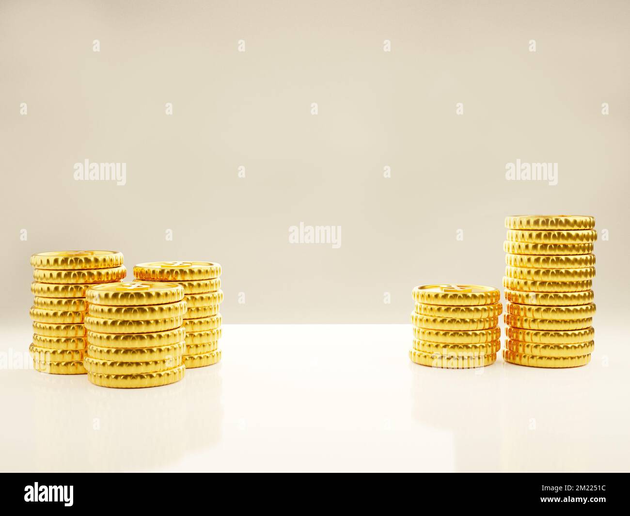 Heaps of gold coins stacked together on a reflective background 3d ...