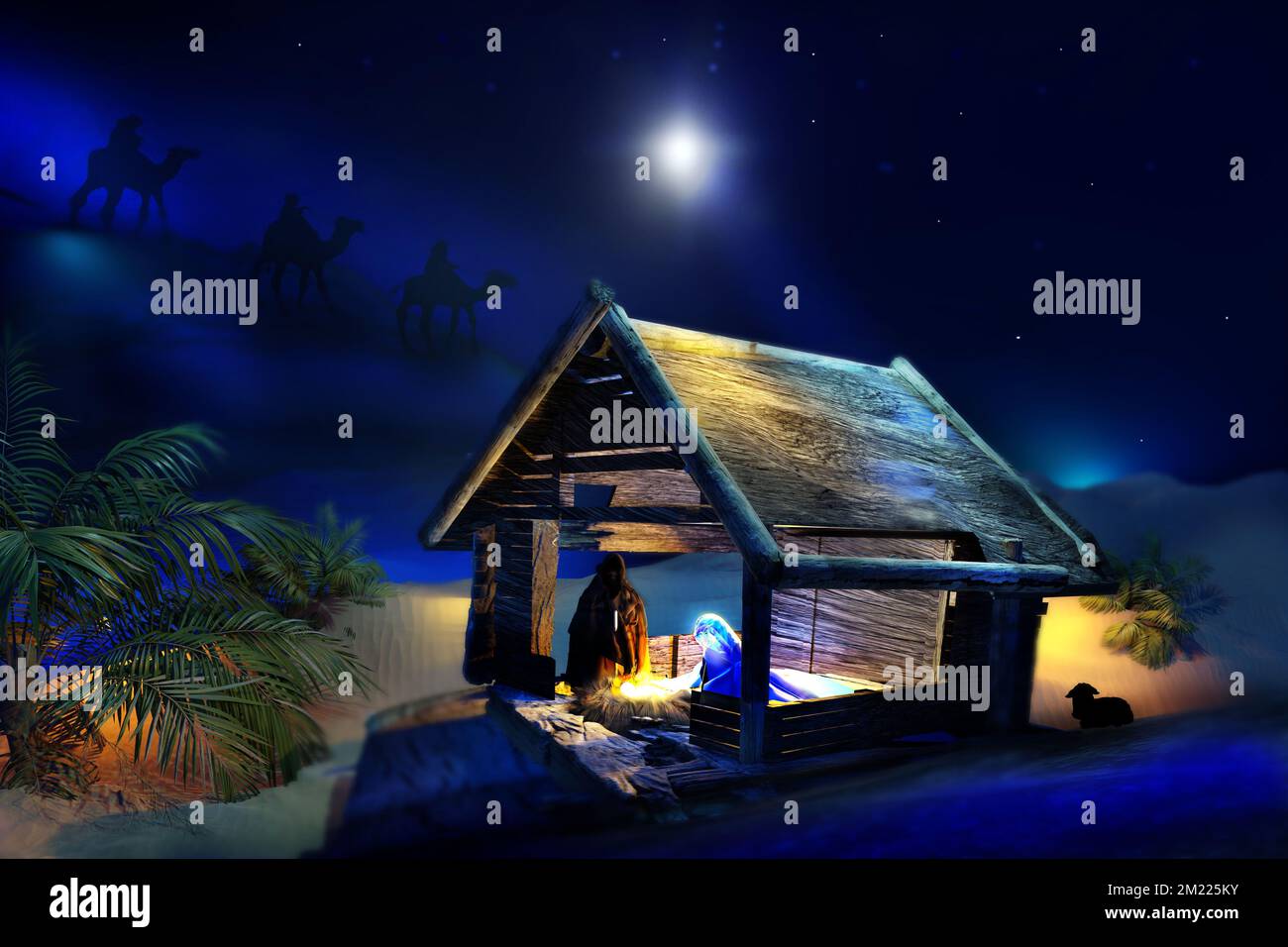 Nativity Scene in Bethlehem with Baby Jesus in manger, Virgin Mary