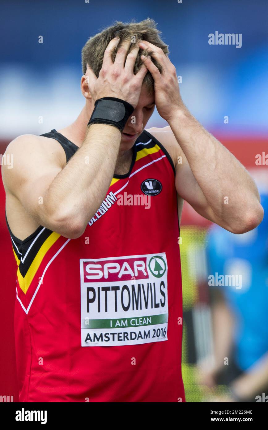 Belgian Niels Pittomvils reacts during the shot put event of the men's  decathlon competition at the European Athletics Championships, on Wednesday  06 July 2016, at the Olympic stadium in Amsterdam, Netherlands. BELGA