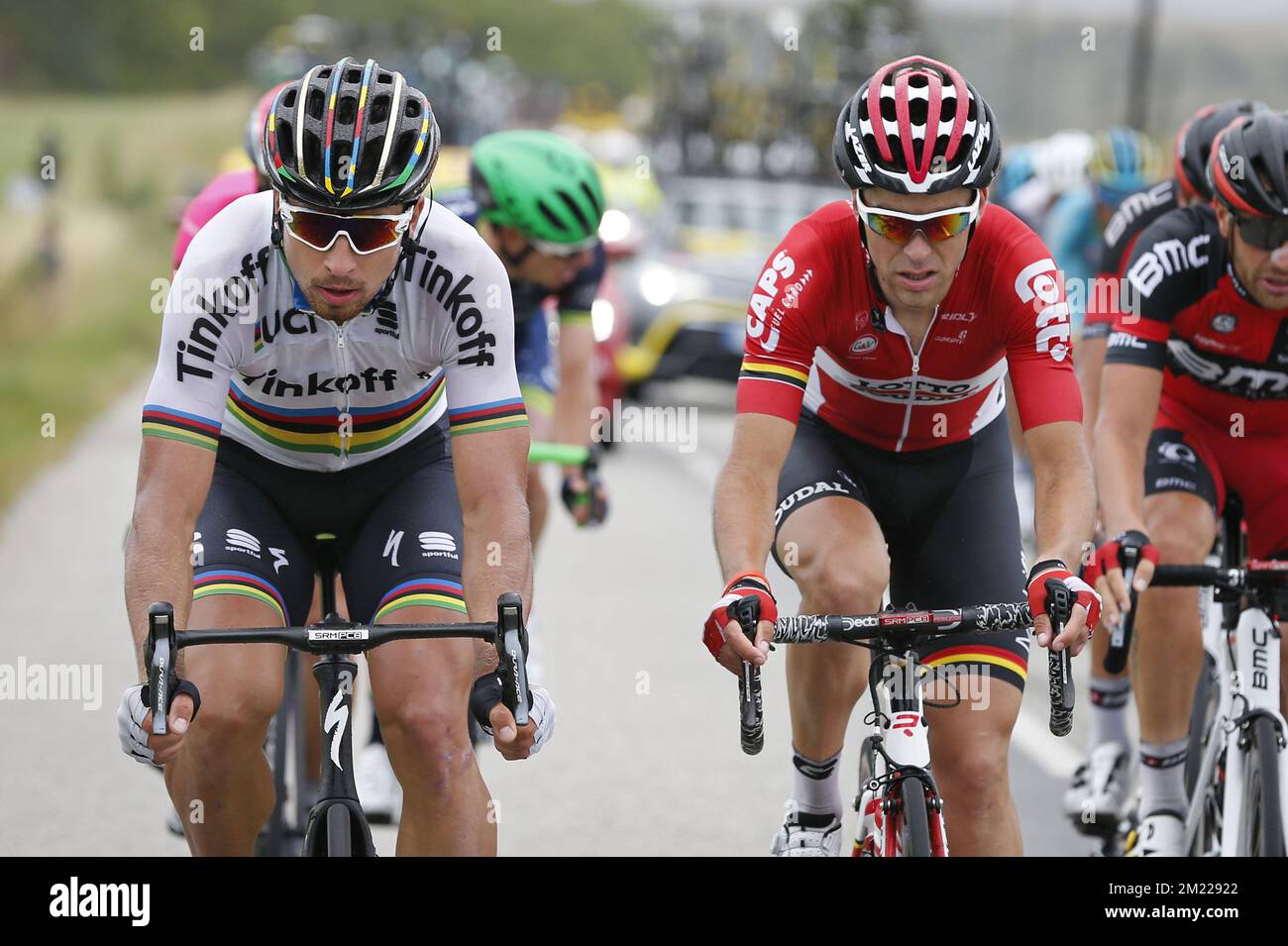 Slovakian Peter Sagan of Tinkoff and French Tony Gallopin of Lotto Soudal pictured in action during the tenth stage of the 103rd edition of the Tour de France cycling race, 197km from Escaldes-Engordany, Andorra to Revel, France on Tuesday 12 July 2016.  Stock Photo