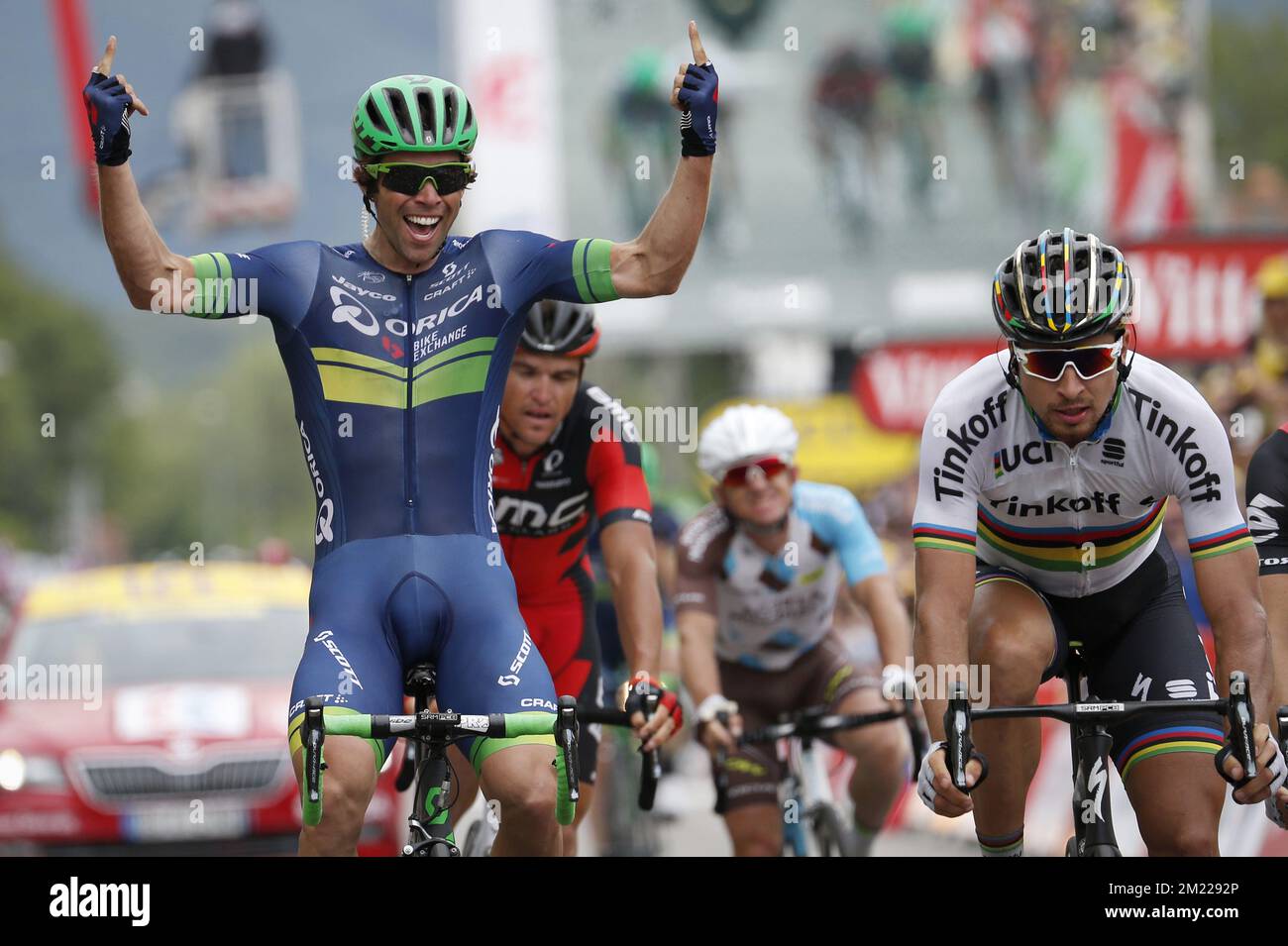 Australian Michael Matthews of Orica GreenEDGE celebrates as he crosses the finish line to win the tenth stage of the 103rd edition of the Tour de France cycling race, 197km from Escaldes-Engordany, Andorra to Revel, France on Tuesday 12 July 2016.  Stock Photo