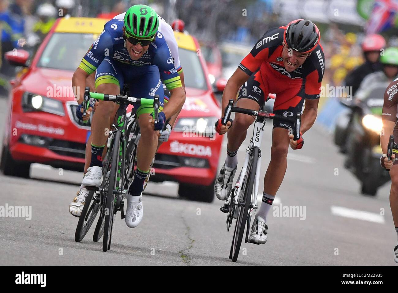 Australian Michael Matthews of Orica GreenEDGE and Belgian Greg Van Avermaet of BMC Racing Team sprint for the finish of the tenth stage of the 103rd edition of the Tour de France cycling race, 197km from Escaldes-Engordany, Andorra to Revel, France on Tuesday 12 July 2016.  Stock Photo