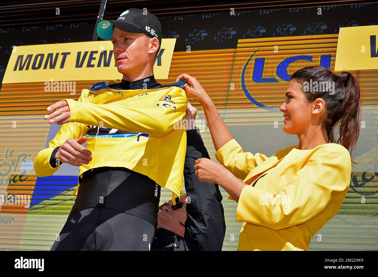 British Chris Froome of Team Sky celebrates on the podium in the yellow jersey of leader in the overall ranking after the twelfth stage of the 103rd edition of the Tour de France cycling race, 162,5 km from Montpellier to Mont Ventoux, France, on Thursday 14 July 2016. BELGA PHOTO  Stock Photo