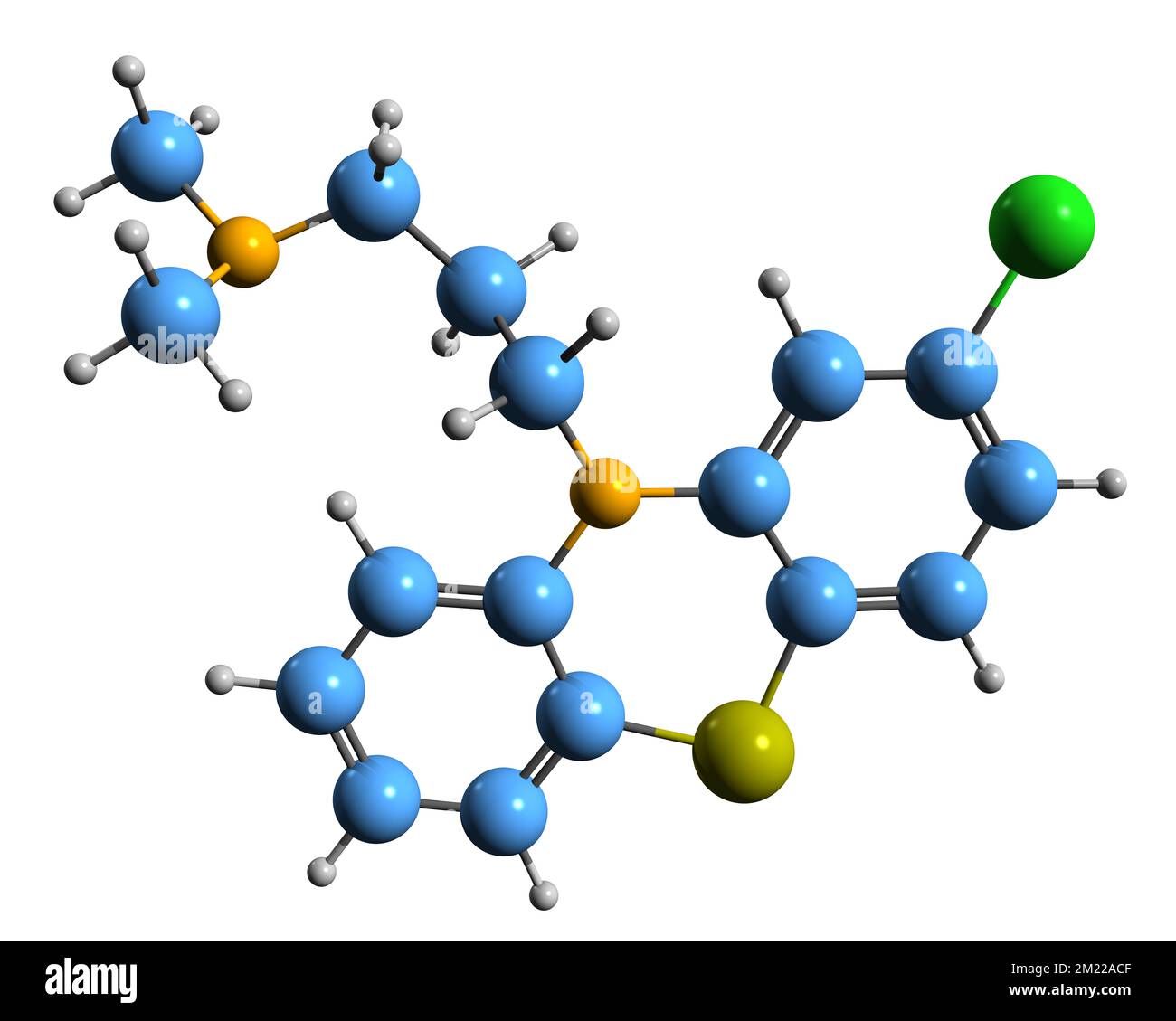 3D image of Chlorpromazine skeletal formula - molecular chemical structure of  antipsychotic medication isolated on white background Stock Photo