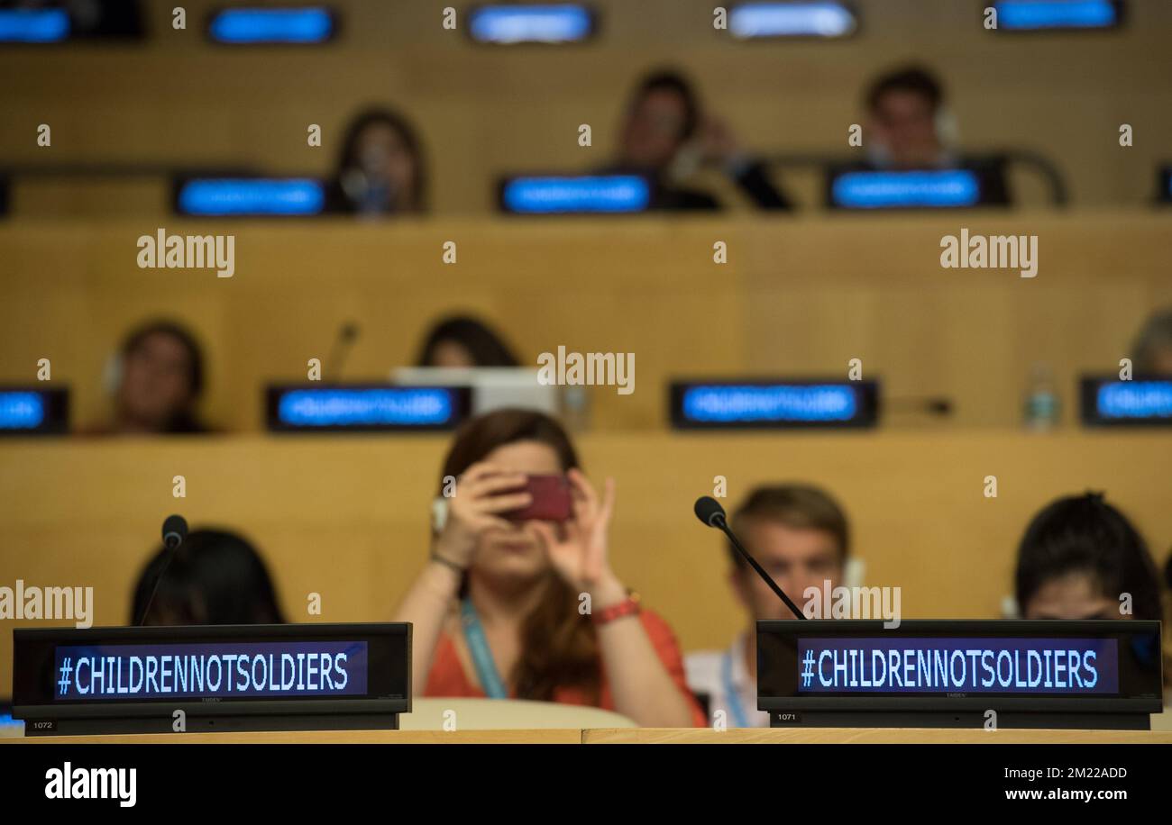 Illustration picture taken during the 'Children, Not Soldiers' United Nations conference, on the first day of a visit of Belgian Queen and Foreign Minister to New York, on Monday 11 July 2016, in the United States.  Stock Photo