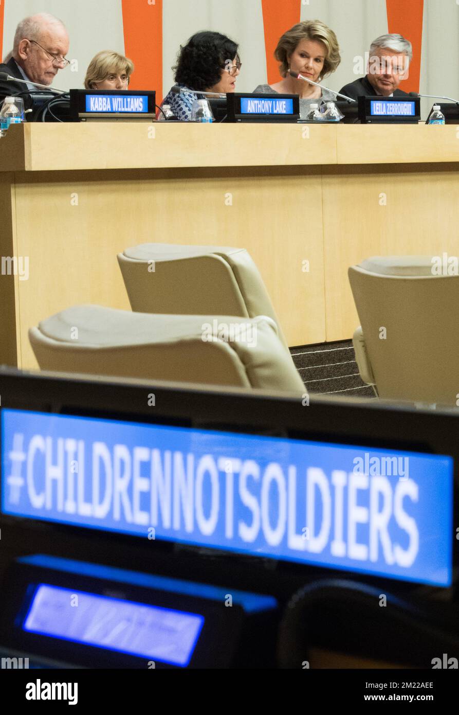 Queen Mathilde of Belgium and Vice-Prime Minister and Foreign Minister Didier Reynders pictured during the 'Children, Not Soldiers' United Nations conference, on the first day of a visit of Belgian Queen and Foreign Minister to New York, on Monday 11 July 2016, in the United States.  Stock Photo