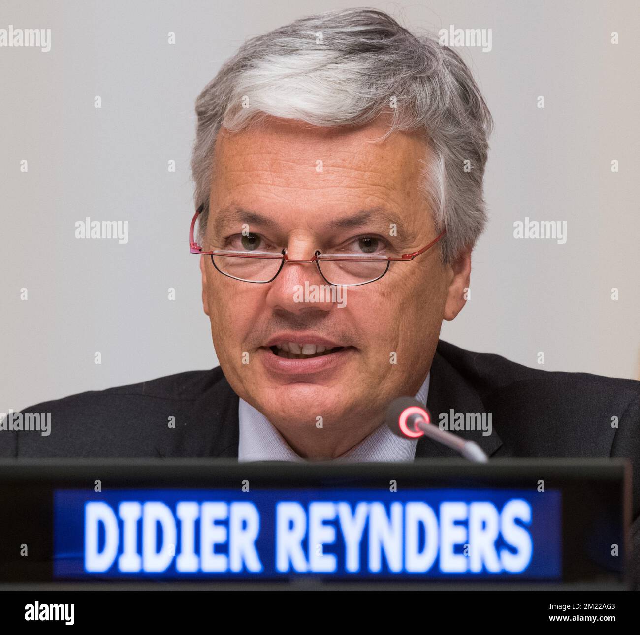 Vice-Prime Minister and Foreign Minister Didier Reynders pictured during the 'Children, Not Soldiers' United Nations conference, on the first day of a visit of Belgian Queen and Foreign Minister to New York, on Monday 11 July 2016, in the United States.  Stock Photo