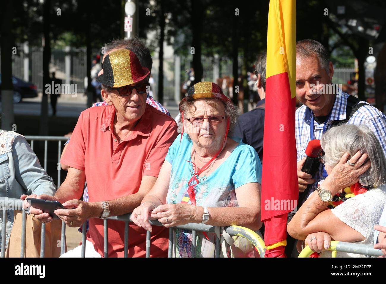 Royalty fans pictured outside the Te Deum mass, on the occasion of today's Belgian National Day, at the Saint Michael and St Gudula Cathedral (Cathedrale des Saints Michel et Gudule / Sint-Michiels- en Sint-Goedele kathedraal) in Brussels, Thursday 21 July 2016.  Stock Photo