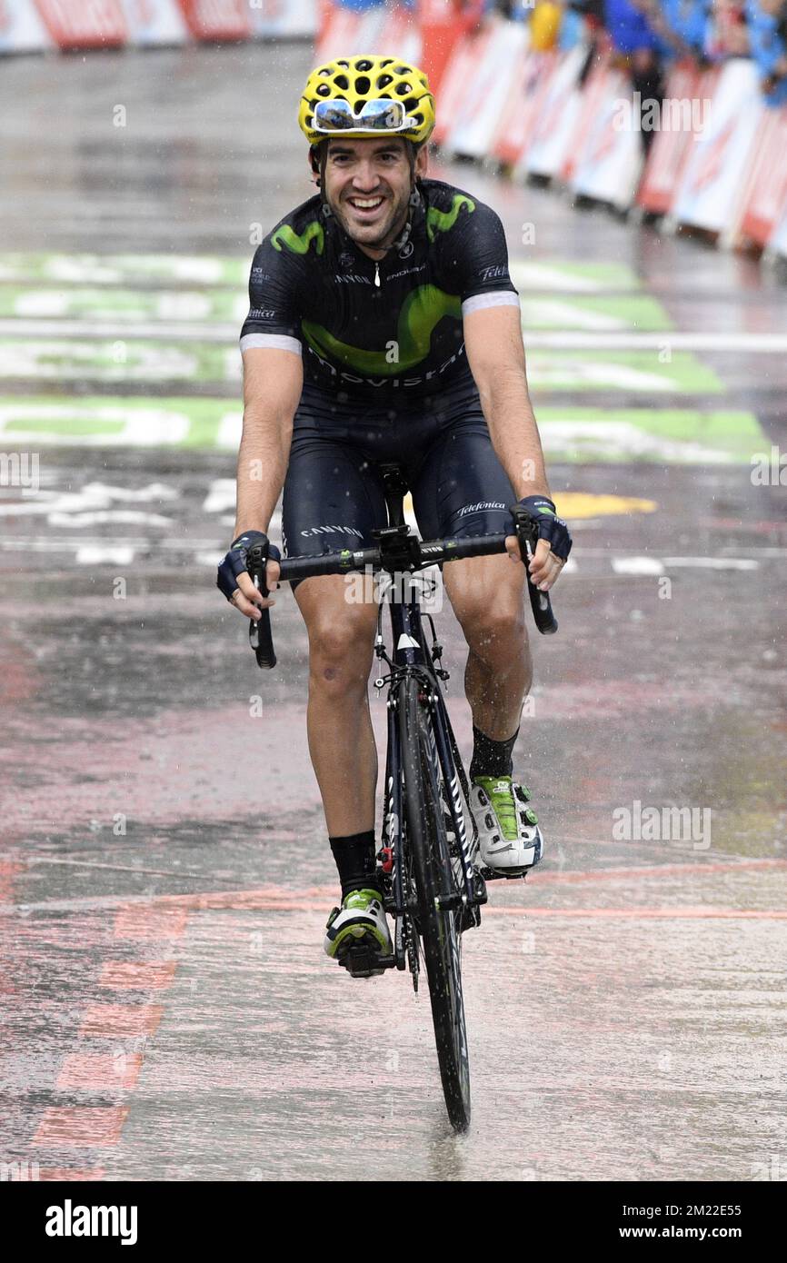 Spanish Ion Izagirre of Movistar Team celebrates as he crosses the finish line to win the 20th stage at the 103rd edition of the Tour de France cycling race, 146,5 km from Megeve to Morzine, France, on Saturday 23 July 2016. This year's Tour de France takes place from July 2nd to July 24th. BELGA PHOTO  Stock Photo