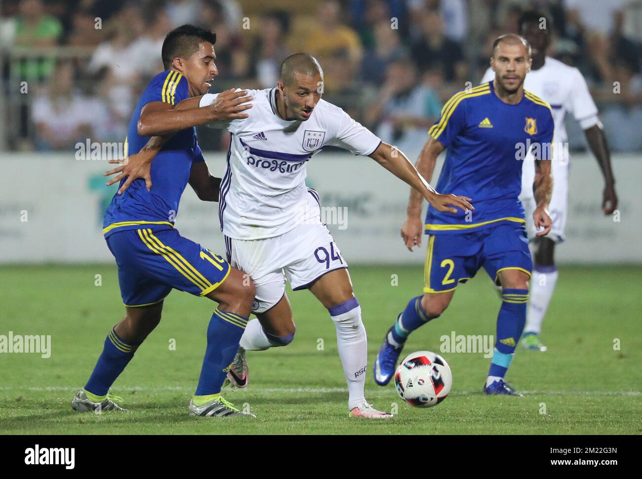 Rostov's Christian Noboa and Anderlecht's Sofiane Hanni fight for the ball during the first leg of the third qualification round between Belgian first league soccer team RSC Anderlecht and Russian team FC Rostov in the Champions League competition, on Tuesday 26 July 2016, in Rostov-on-Don, Russia. Stock Photo
