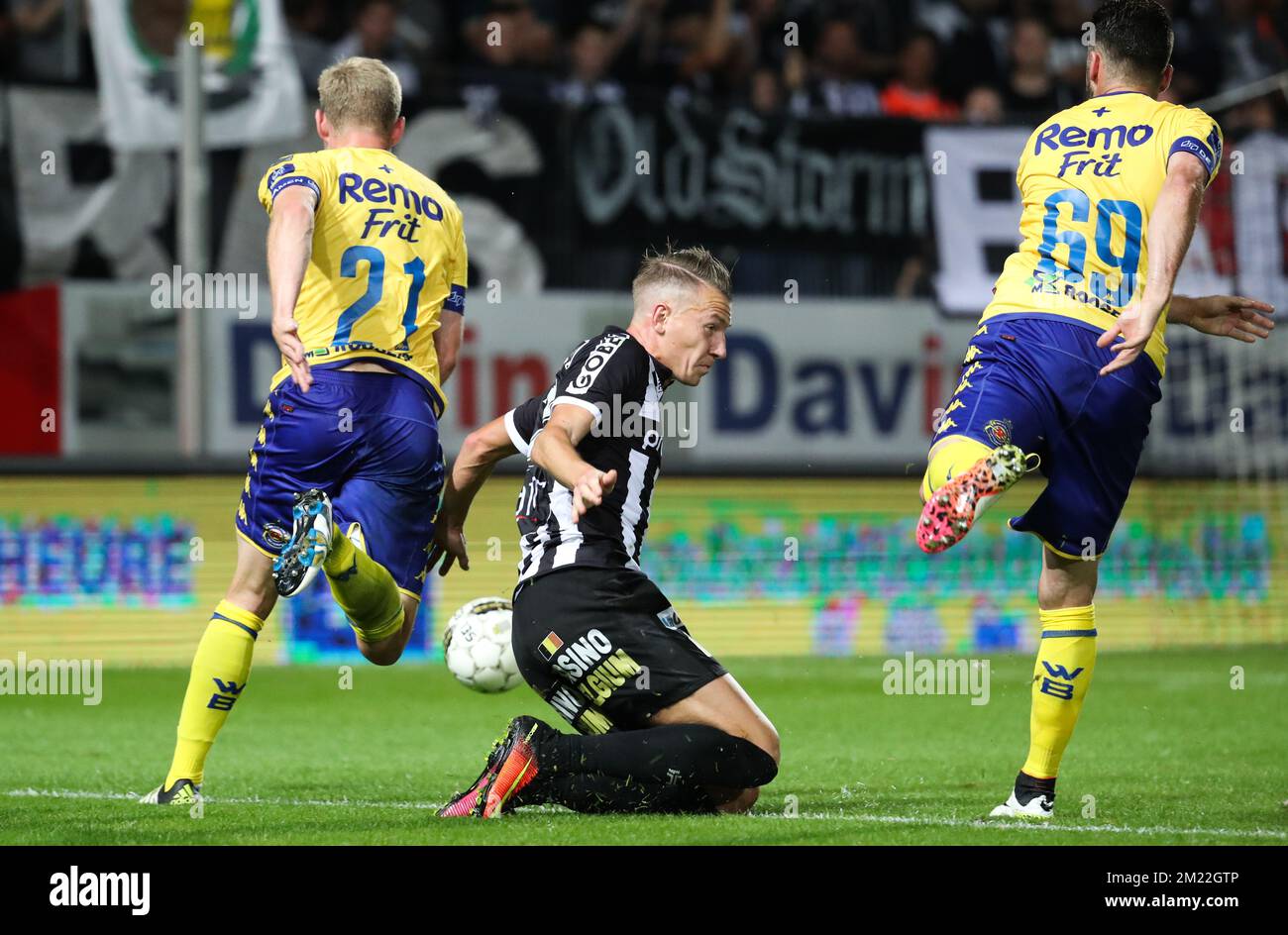 Waasland-Beveren's Laurent Jans and Charleroi's Clement Tainmont fight for the ball during the Jupiler Pro League match between Sporting Charleroi and Waasland-Beveren, in Charleroi, Saturday 30 July 2016, on the first day of the Belgian soccer championship.  Stock Photo