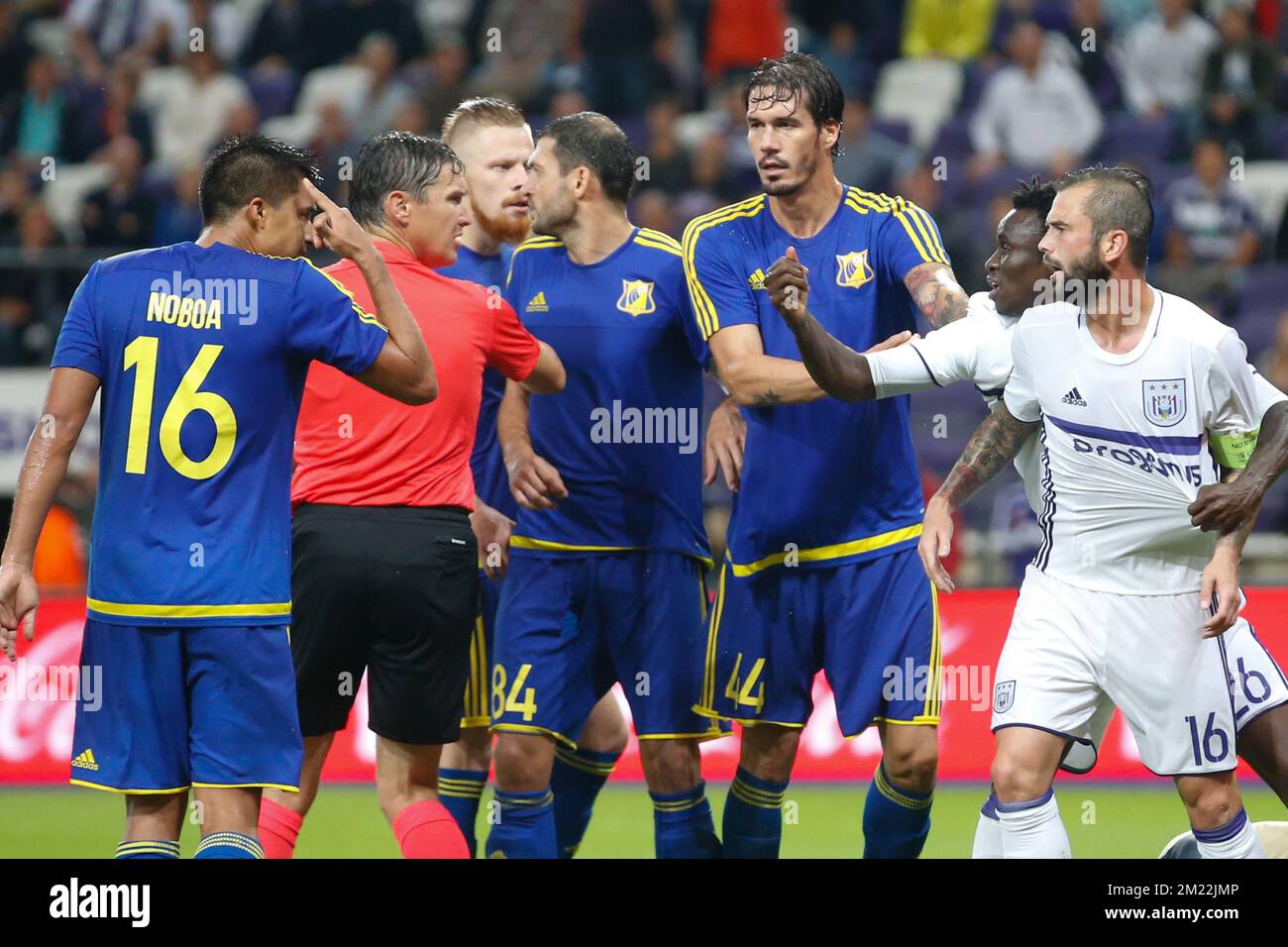 Rostov's Christian Noboa, Rostov's Aleksandr Gatskan, Rostov's Cesar Navas, Anderlecht's Idrissa Sylla and Anderlecht's Steven Defour pictured during the return leg of the third qualification round for the Champions League competition between Belgian first league soccer team RSC Anderlecht and Russian team FC Rostov in Brussels, Wednesday 03 August 2016. The first leg ended in a 2-2 draw.  Stock Photo