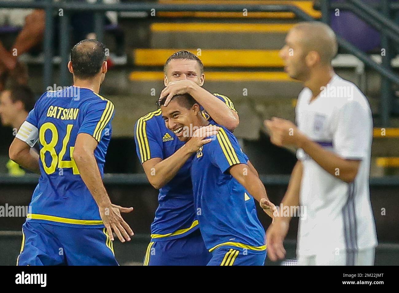 Rostov's Christian Noboa (C) celebrates with his teammates after scoring during the return leg of the third qualification round for the Champions League competition between Belgian first league soccer team RSC Anderlecht and Russian team FC Rostov in Brussels, Wednesday 03 August 2016. The first leg ended in a 2-2 draw.  Stock Photo