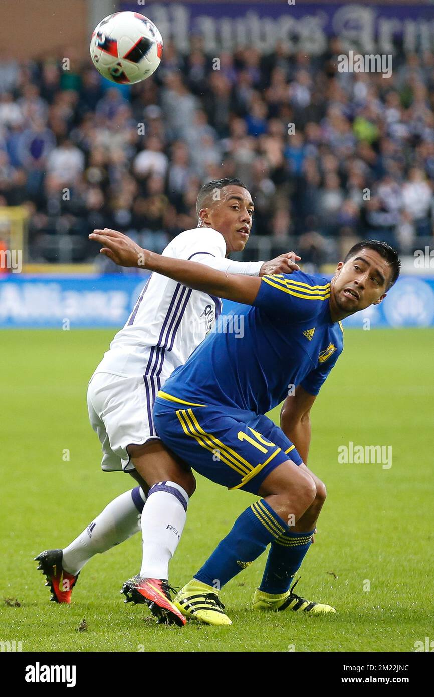 Anderlecht's Youri Tielemans and Rostov's Christian Noboa fight for the ball during the return leg of the third qualification round for the Champions League competition between Belgian first league soccer team RSC Anderlecht and Russian team FC Rostov in Brussels, Wednesday 03 August 2016. The first leg ended in a 2-2 draw.  Stock Photo