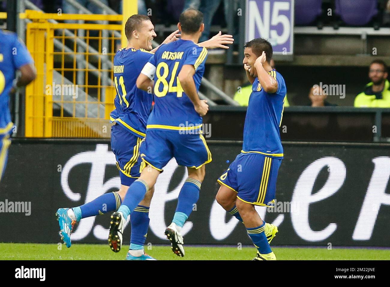 Rostov's Christian Noboa (R) celebrates with his teammates after scoring during the return leg of the third qualification round for the Champions League competition between Belgian first league soccer team RSC Anderlecht and Russian team FC Rostov in Brussels, Wednesday 03 August 2016. The first leg ended in a 2-2 draw.  Stock Photo