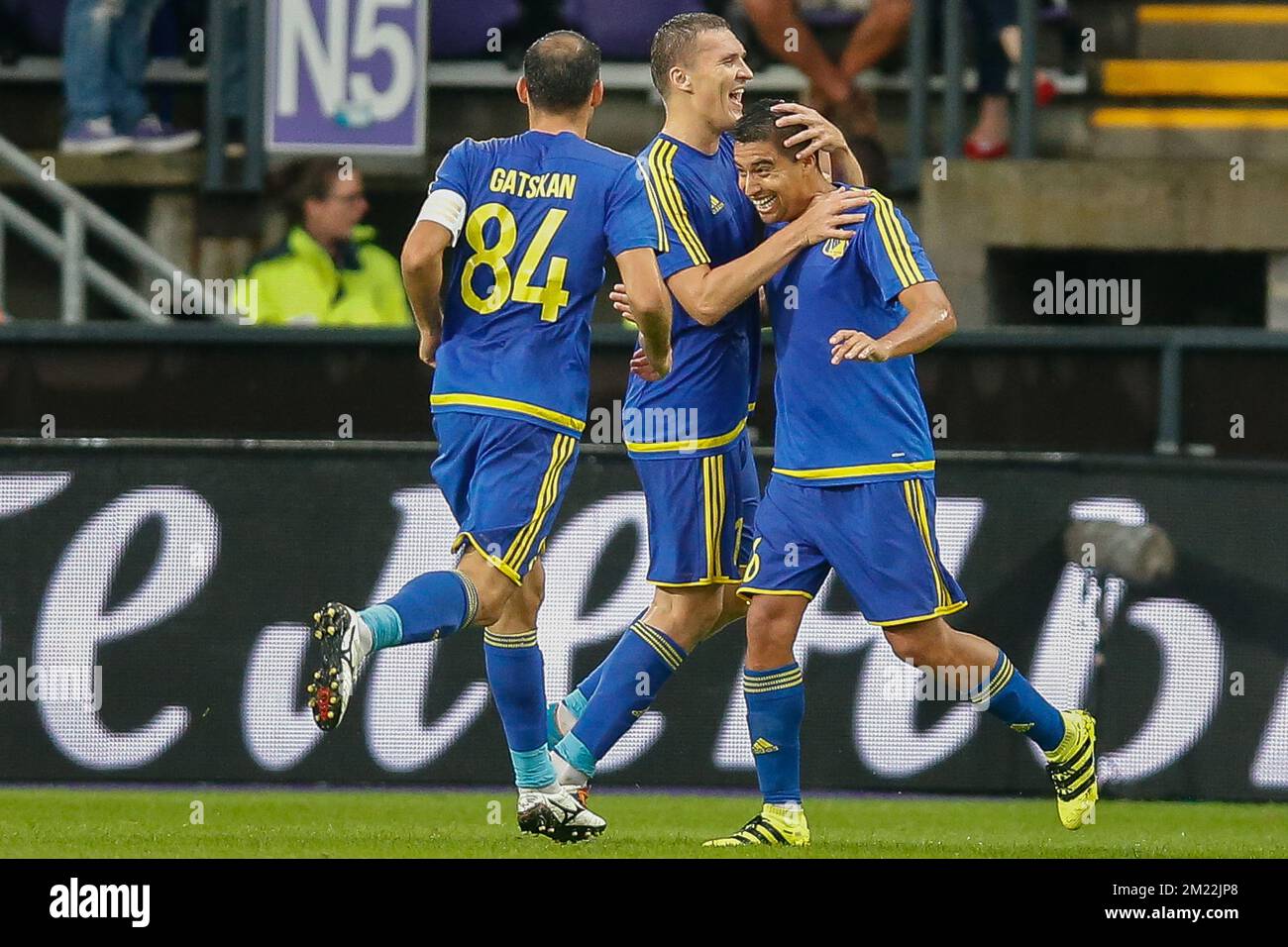 Rostov's Christian Noboa (R) celebrates with his teammates after scoring during the return leg of the third qualification round for the Champions League competition between Belgian first league soccer team RSC Anderlecht and Russian team FC Rostov in Brussels, Wednesday 03 August 2016. The first leg ended in a 2-2 draw.  Stock Photo