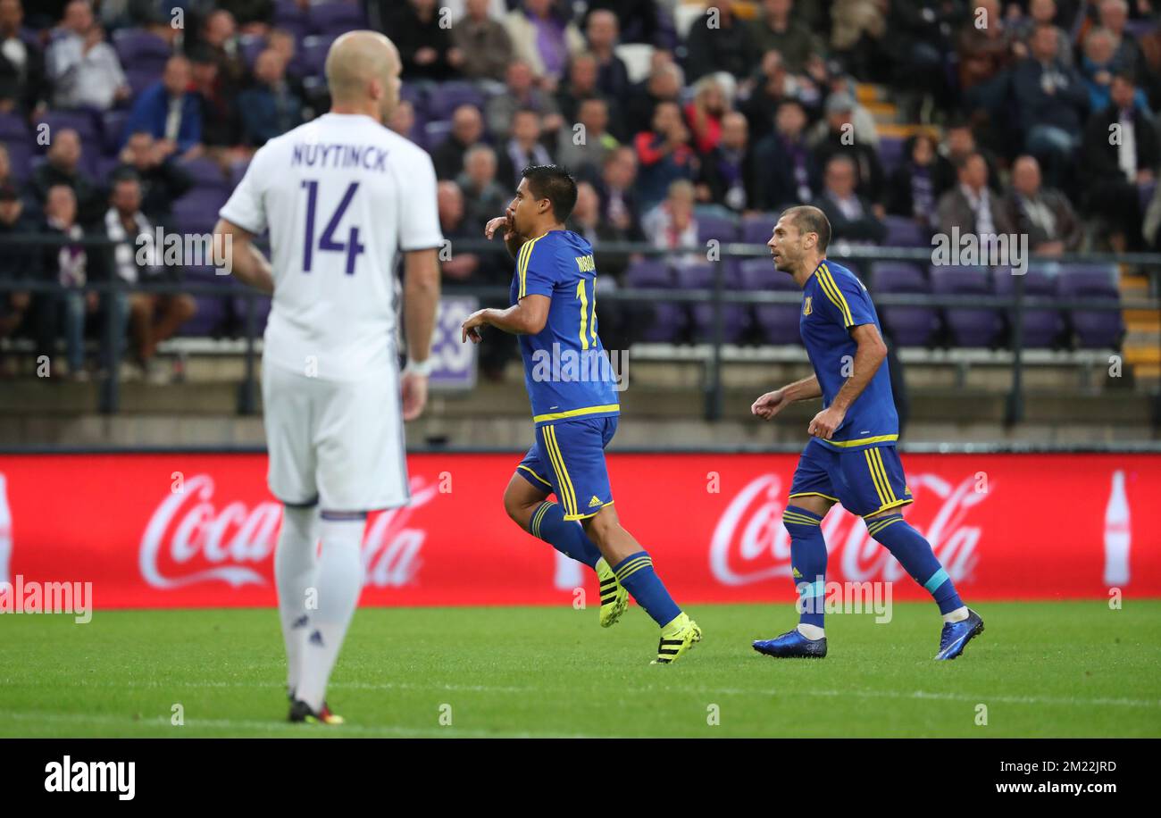 Rostov's Christian Noboa (C) celebrates after scoring during the return leg of the third qualification round for the Champions League competition between Belgian first league soccer team RSC Anderlecht and Russian team FC Rostov in Brussels, Wednesday 03 August 2016. The first leg ended in a 2-2 draw.  Stock Photo