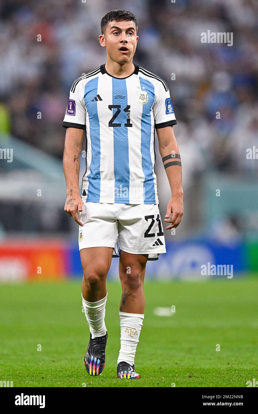 LUSAIL CITY, QATAR - DECEMBER 13: Paulo Dybala of Argentina looks on during  the Semi Final - FIFA World Cup Qatar 2022 match between Argentina and  Croatia at the Lusail Stadium on