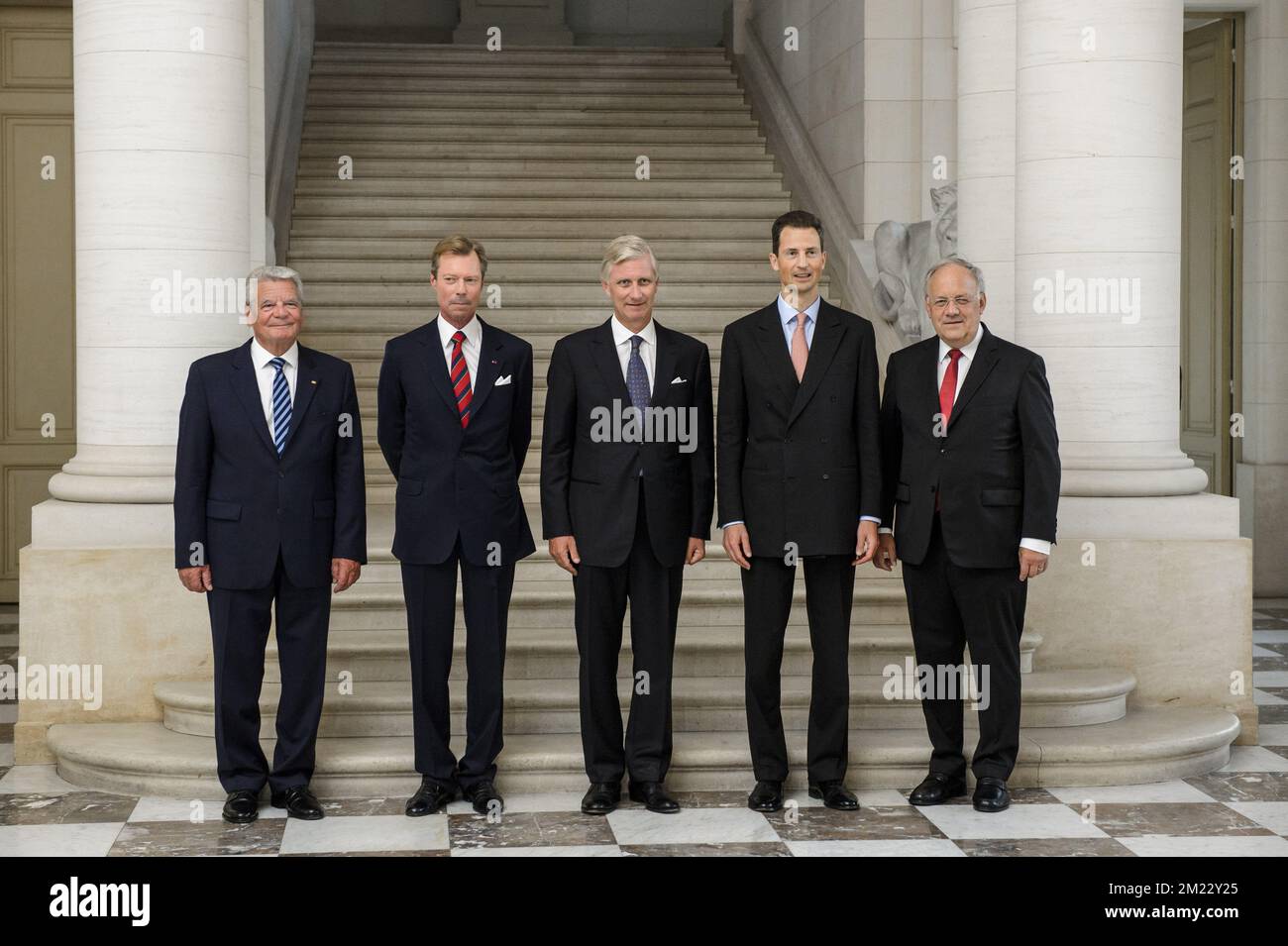 German President Joachim Gauck, Grand Duke Henri of Luxembourg, King Philippe - Filip of Belgium, Hereditary Prince of Liechtenstein, Alois and Swiss Confederation President Johann Schneider-Ammann pictured during a gala dinner at the Laeken/Laken royal Palace in Brussels, for the thirteenth informal summit of German-speaking head of states, on Wednesday 07 September 2016.  Stock Photo