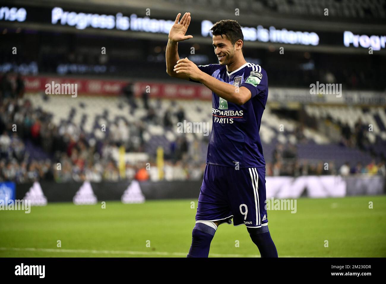 Anderlecht's Hamdi Harbaoui celebrates after winning a Croky Cup 1/16 final game between RSCA Anderlecht (JPL D1A) and Oud-Heverlee Leuven (PL D1B), in Anderlecht, Wednesday 21 September 2016. BELGA PHOTO ERIC LALMAND Stock Photo