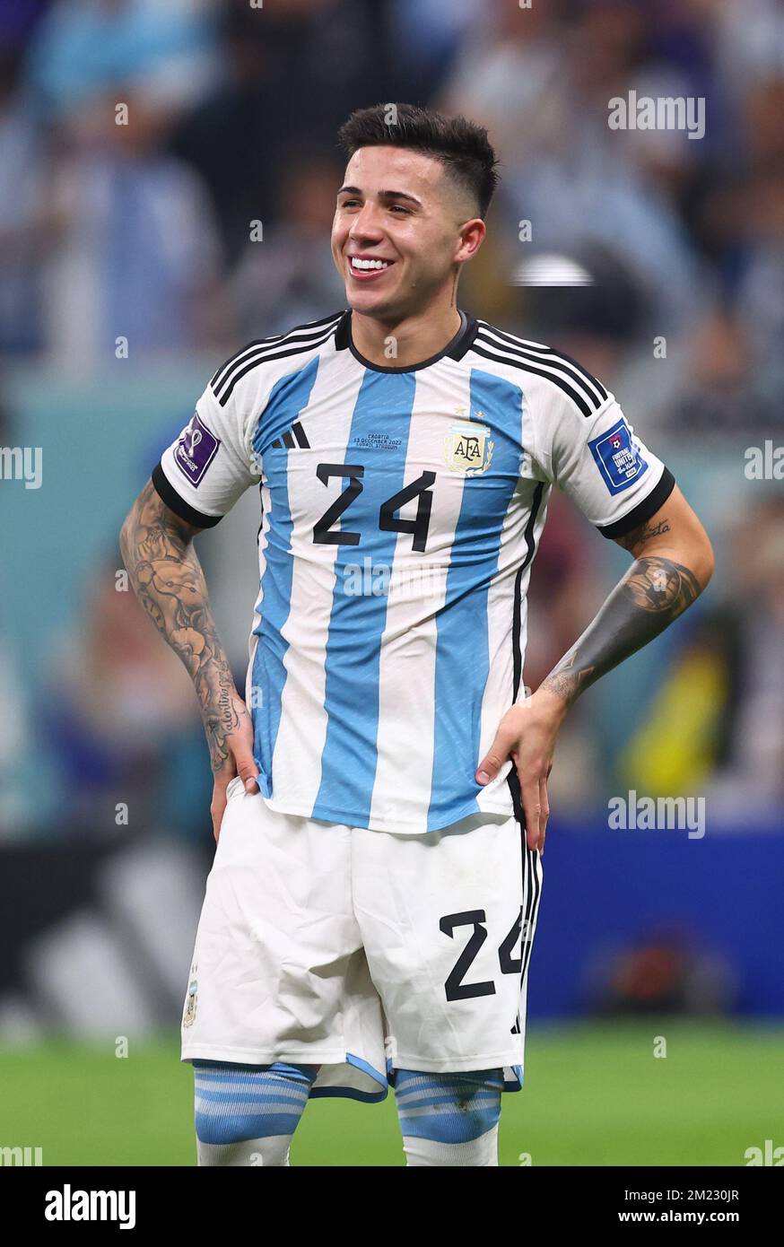 Doha, Qatar, 13th December 2022. Enzo Fernandez of Argentina enjoys the win  during the FIFA World Cup 2022 match at Lusail Stadium, Doha. Picture credit should read: David Klein / Sportimage Stock Photo