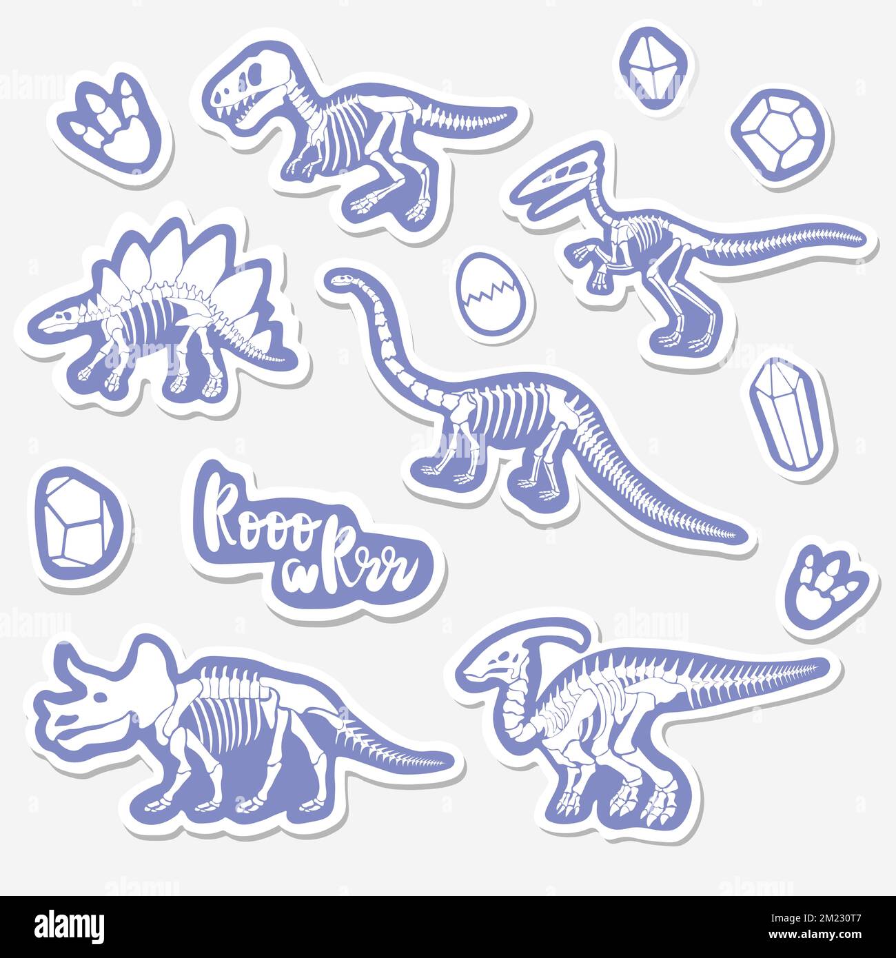 Vector sticker set with dinosaur skeleton isolated on a white background. Stock Vector