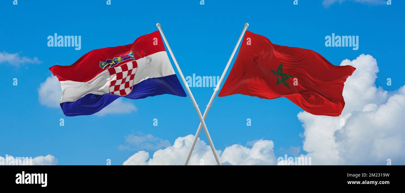 crossed national flags of Croatia and Morocco flag waving in wind at ...