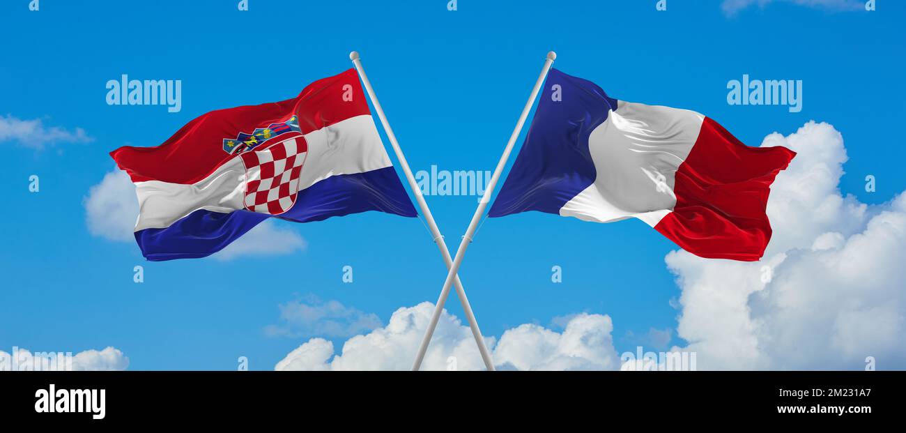 crossed national flags of France and Croatia flag waving in wind at ...