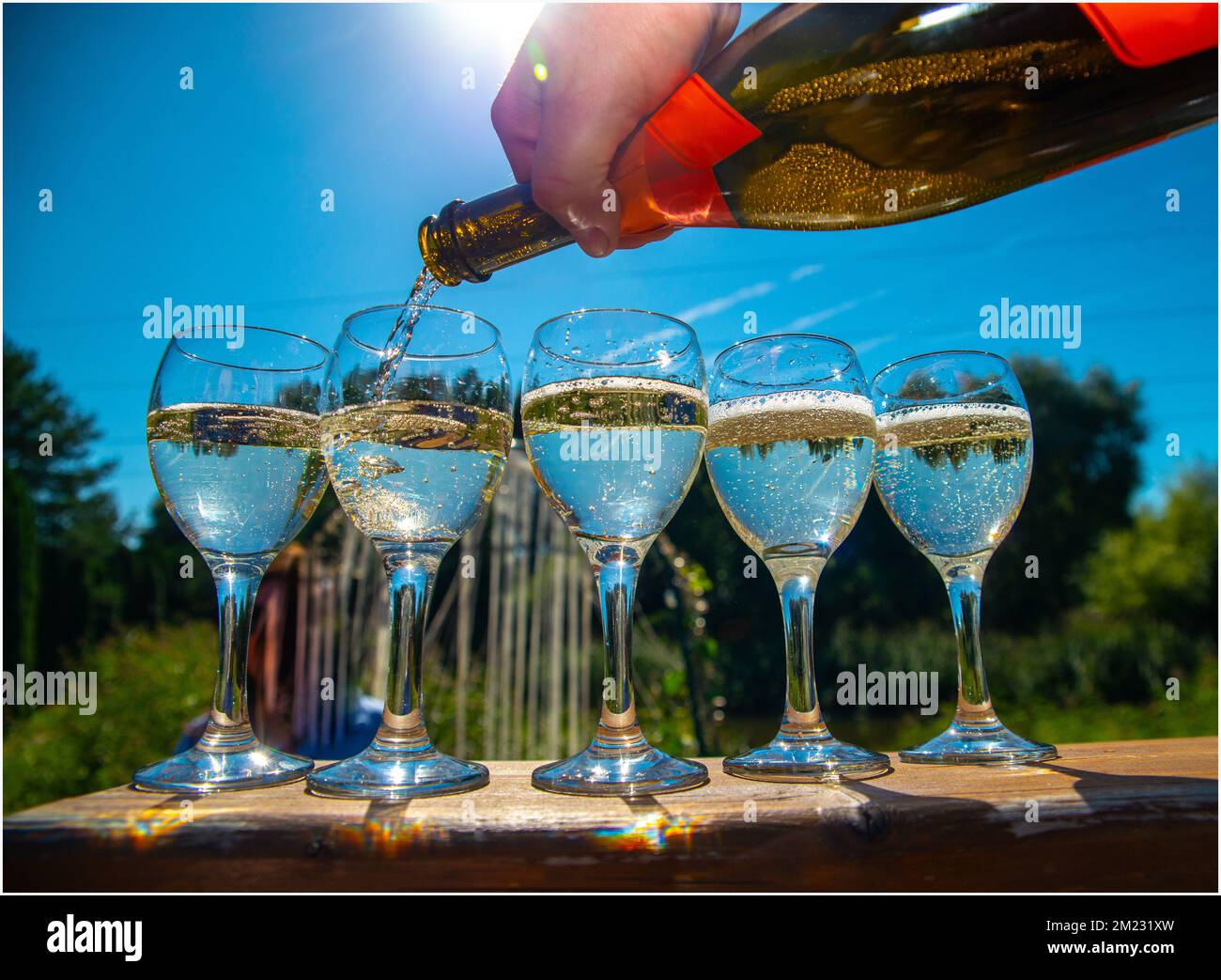 Hand pouring champagne from a bottle into a glass in sunlight. Stock Photo