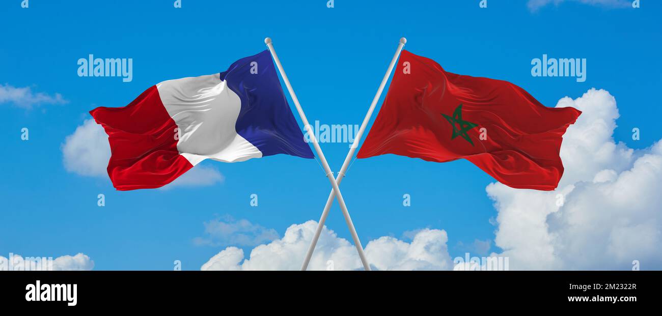 crossed national flags of France and Morocco flag waving in wind at ...