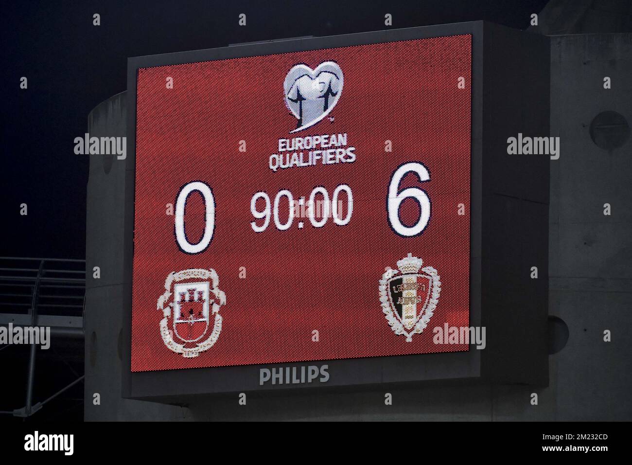 The scoreboard shows 0-6 after a World Cup 2018 qualification game between Belgian national soccer team Red Devils and Gibraltar, Monday 10 October 2016 in Almancil, Portugal. BELGA PHOTO DIRK WAEM Stock Photo