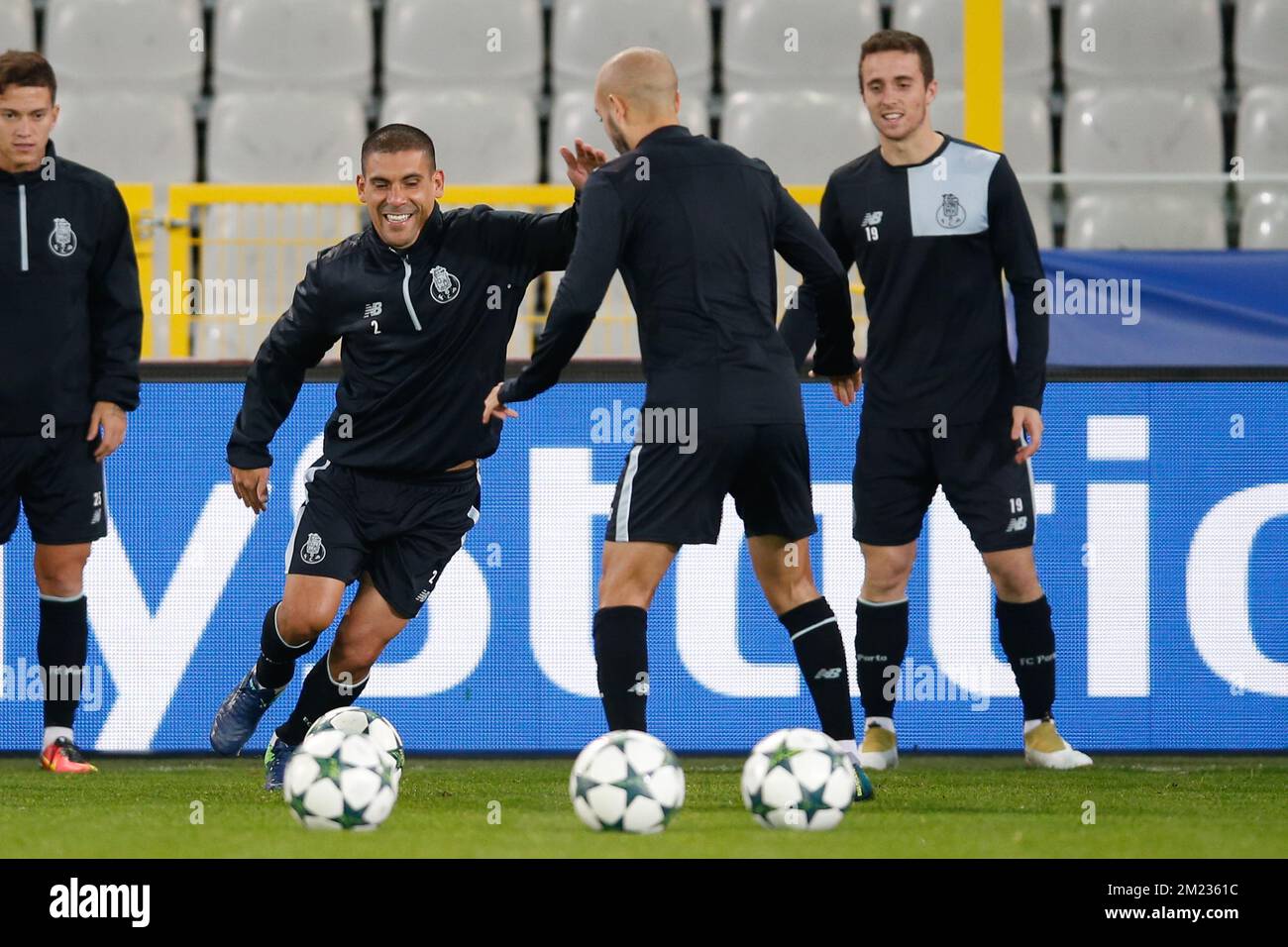 Porto's defender Maxi Pereira and Porto's forward Diogo Jota pictured during a training session of Portugese first division soccer team FC Porto in Brugge, Monday 17 October 2016. Club Brugge and FC Porto are preparing for the third game in the UEFA Champions League competition tomorrow. BELGA PHOTO BRUNO FAHY Stock Photo