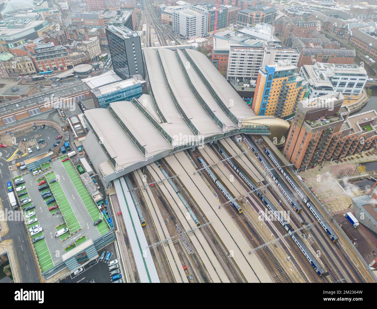 Leeds, UK. 13th December, 2022. Aerial view of Leeds Train Station with
