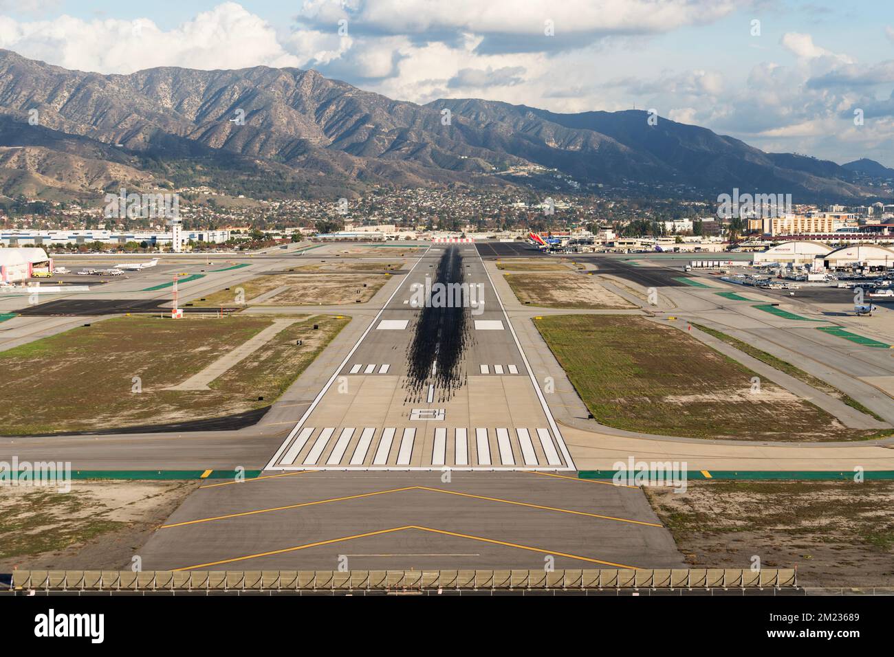 Burbank, California, USA - December 6, 2022:  Pilots point of view of runway approach at Hollywood Burbank Airport in the San Fernando Valley. Stock Photo