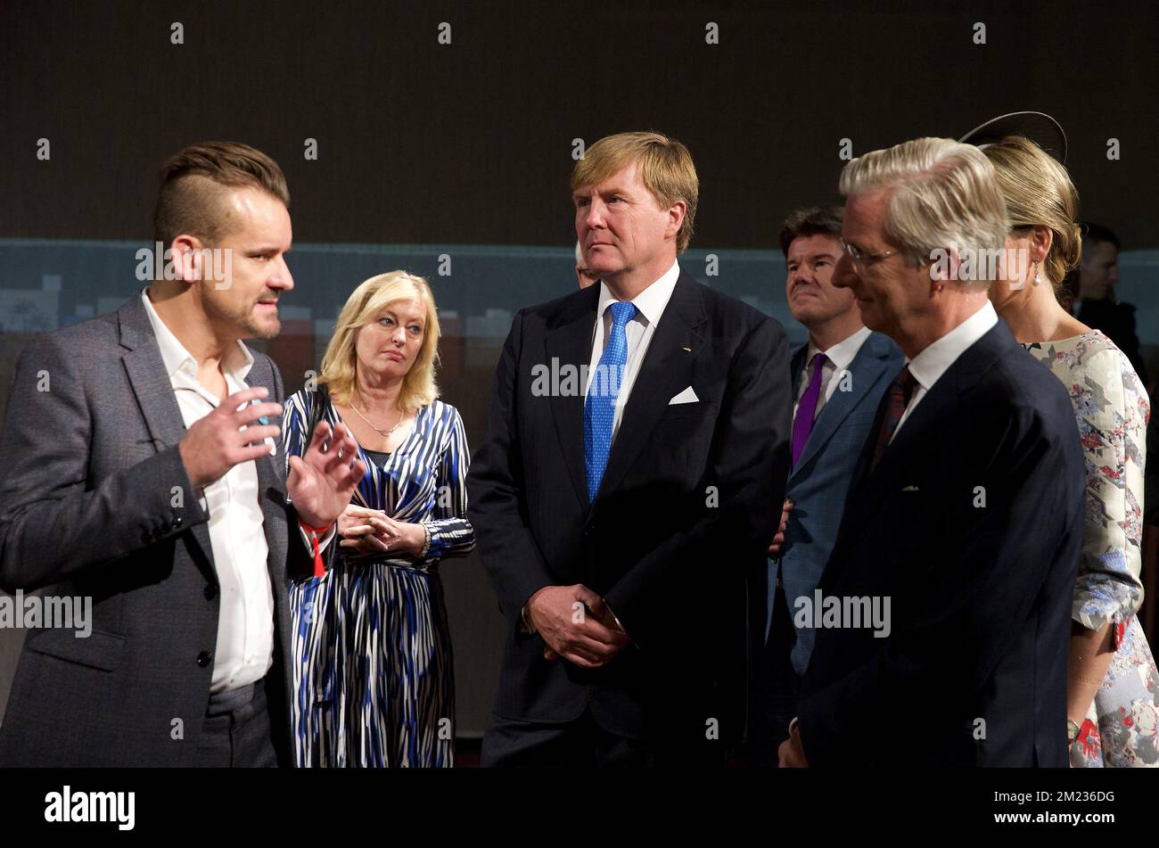 Dutch King Willem-Alexander, King Philippe - Filip of Belgium and Queen Mathilde of Belgium pictured at the opening day of 'Frankfurter Buchmesse' Dutch and Flemish pavillon by both countries royals, Tuesday 18 October 2016, in Frankfurt, Germany. Flanders and the Netherlands together will are the Guest of Honour at the Frankfurt Book Fair with the slogan 'Dit is wat we delen' - 'This is what we share' from 19 to 23 October. BELGA PHOTO NICOLAS MAETERLINCK Stock Photo