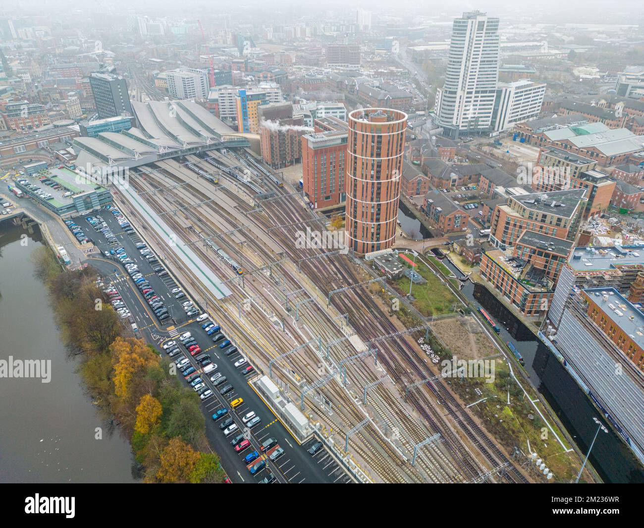 Leeds, UK. 13th December, 2022. Aerial view of Leeds Train Station with a limited service of trains running due to industrial action by RMT workers. Stock Photo