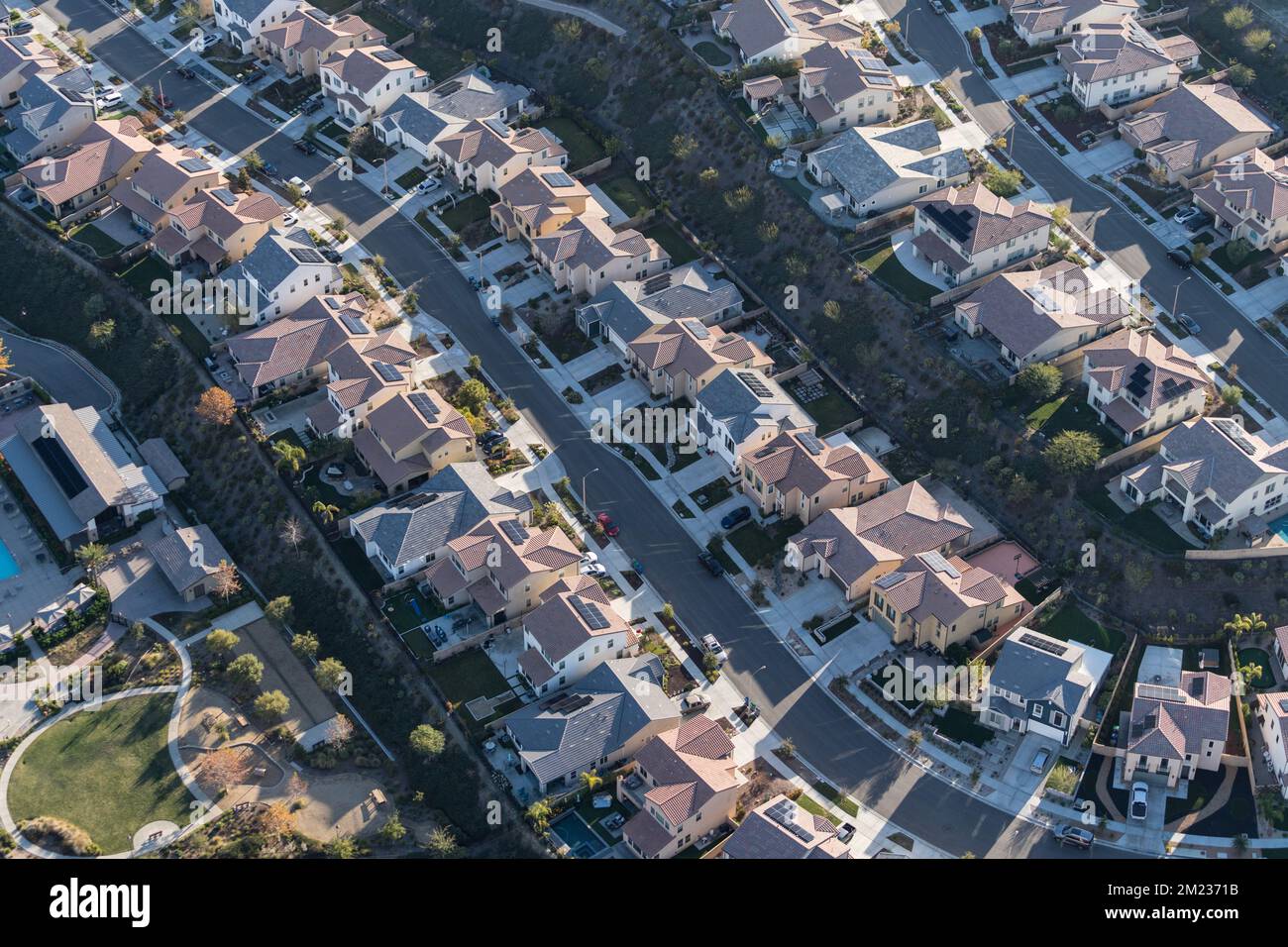 Aerial view of modern suburban neighborhood sprawl. Stock Photo