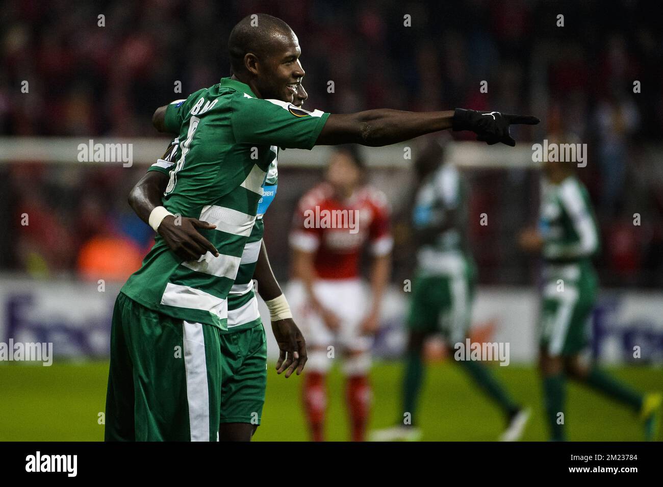 Panathinaikos' forward Victor Ibarbo celebrates after scoring during a third game of the group stage (group G) of the Europa League competition between Belgian soccer team Standard de Liege and Greek soccer team Panathinaikos, Thursday 20 October 2016, in Liege. BELGA PHOTO NICOLAS LAMBERT Stock Photo