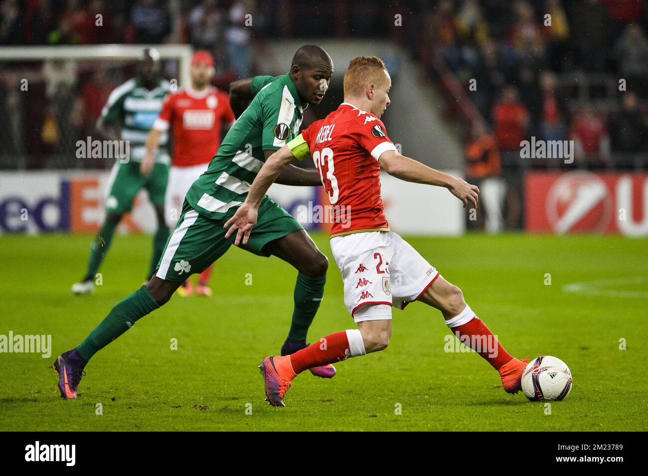 Panathinaikos' forward Victor Ibarbo and Standard's Adrien Trebel pictured during a third game of the group stage (group G) of the Europa League competition between Belgian soccer team Standard de Liege and Greek soccer team Panathinaikos, Thursday 20 October 2016, in Liege. BELGA PHOTO NICOLAS LAMBERT Stock Photo