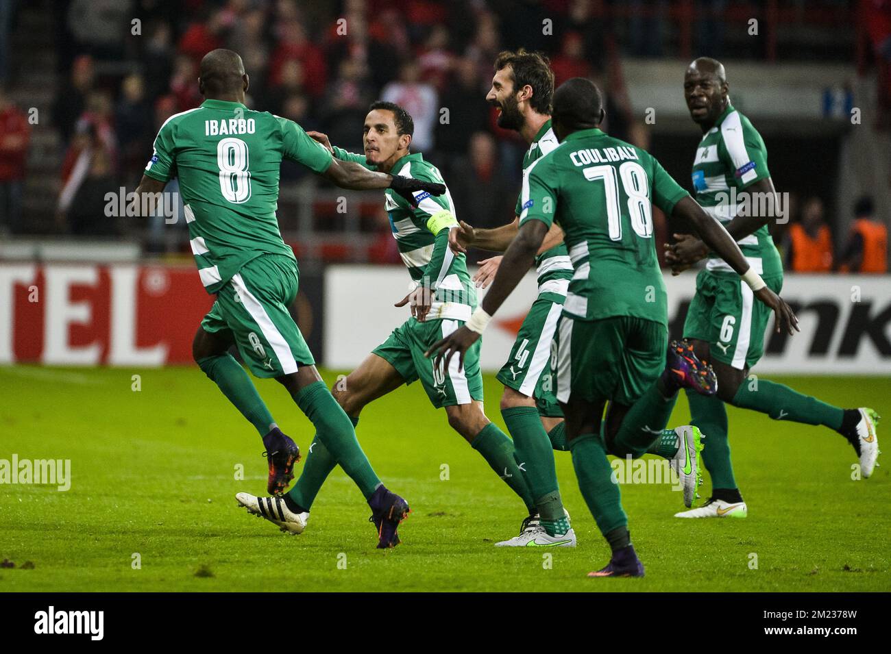 Panathinaikos' forward Victor Ibarbo celebrates after scoring during a third game of the group stage (group G) of the Europa League competition between Belgian soccer team Standard de Liege and Greek soccer team Panathinaikos, Thursday 20 October 2016, in Liege. BELGA PHOTO NICOLAS LAMBERT Stock Photo