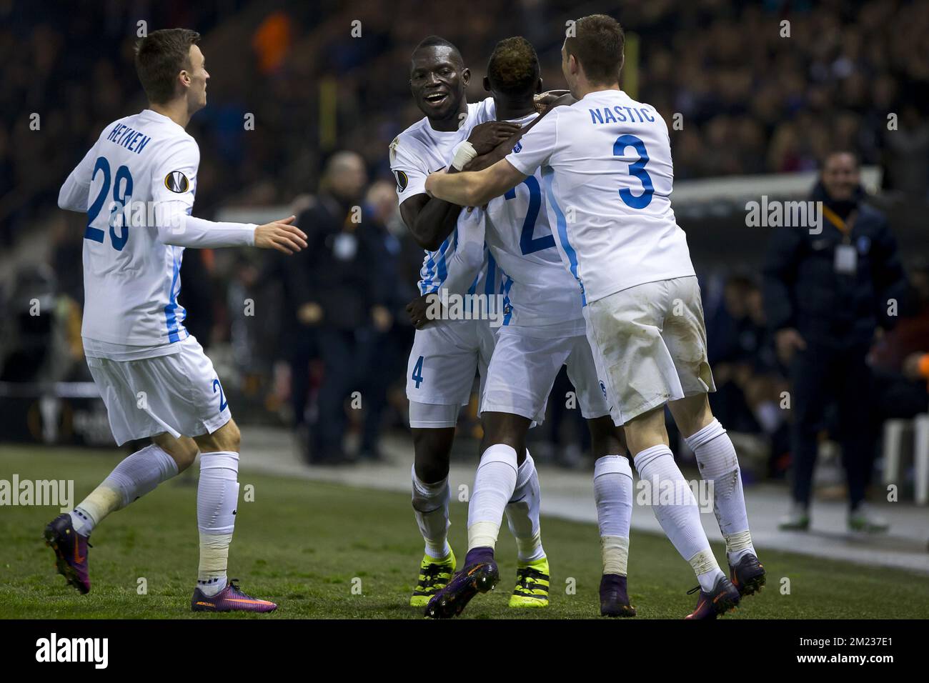 Genk's Brian Heynen, Genk's Omar Colley, Genk's Wilfried Onyinye Ndidi and Genk's Bojan Nastic celebrate after scoring during a third game of the group stage (group F) of the Europa League competition between Belgian soccer team RC Genk and Portuguese soccer team Athletic Bilbao, Thursday 20 October 2016, in Genk. BELGA PHOTO KRISTOF VAN ACCOM Stock Photo