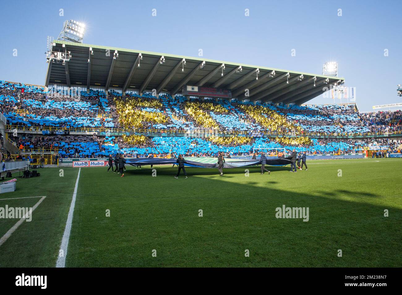 Club's supporters and new tifo pictured ahead of the Jupiler Pro League match between Club Brugge and RSC Anderlecht, in Brugge, Sunday 23 October 2016, on day 11 of the Belgian soccer championship. BELGA PHOTO KURT DESPLENTER Stock Photo
