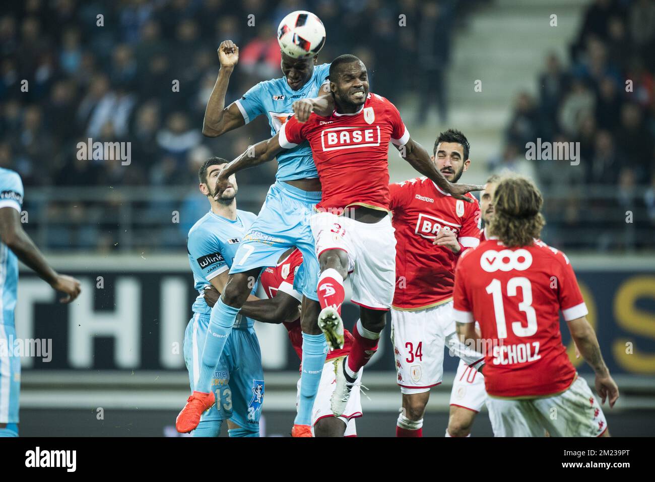Gent's Kalifa Coulibaly and Standard's William Ribeiro Soares fight for the  ball during the Jupiler Pro League match between KAA Gent and Standard de  Liege, in Gent, Thursday 27 October 2016, on