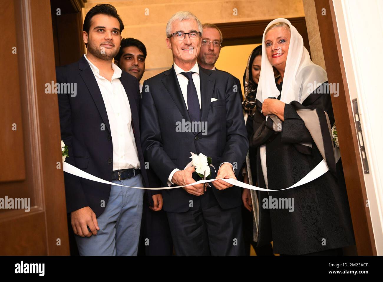 Squisito Managing Sam Farhang, Flemish Minister-President Geert Bourgeois and Squisito CEO Leen Vandaele pictured during the first day of a Flemish economic mission to Iran, on Sunday 30 October 2016 in Teheran, Iran. BELGA PHOTO YORICK JANSENS Stock Photo