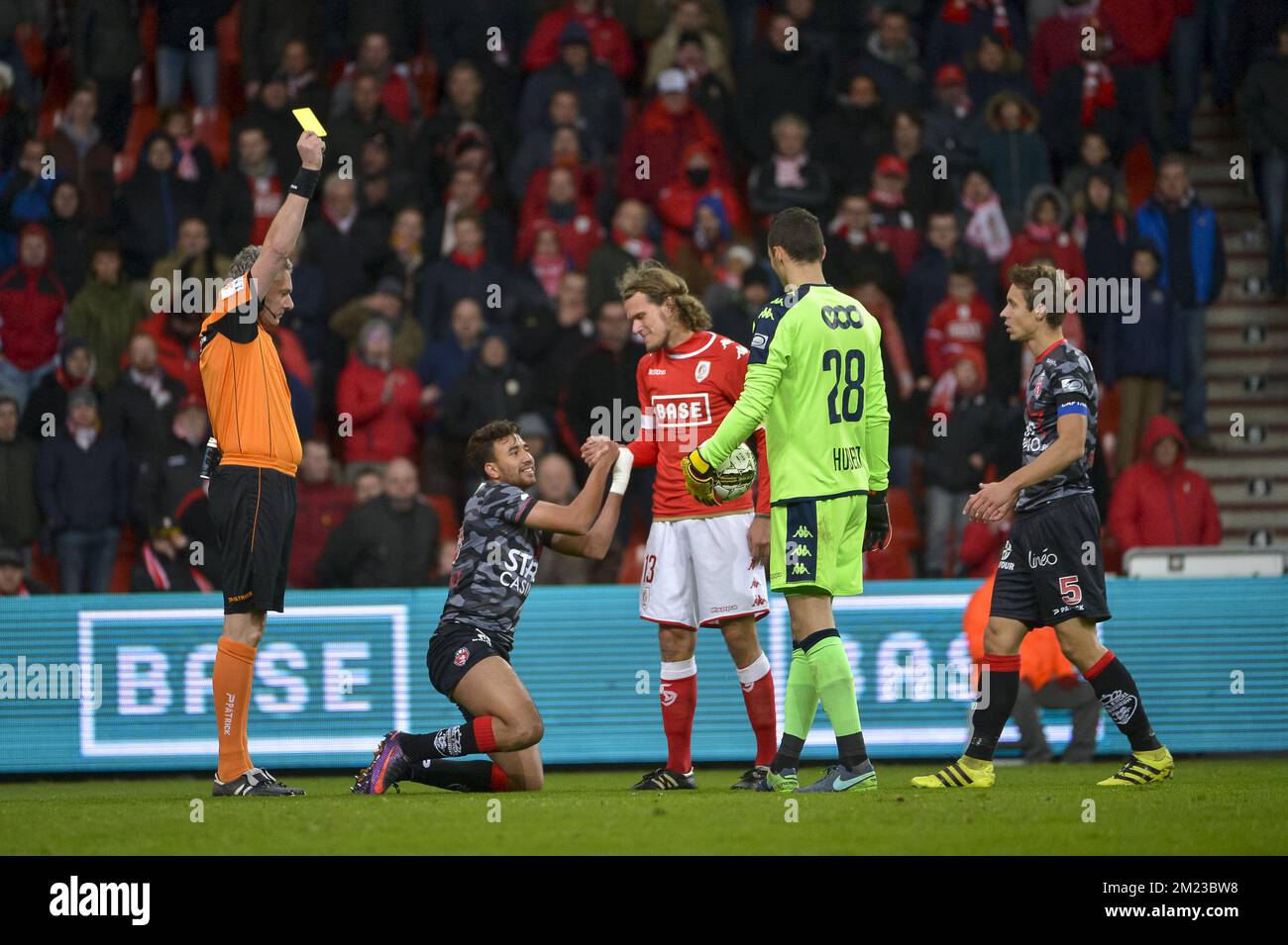 Mouscron's Mahmoud 'Trezeguet' Hassan receives a yellow card from the  referee during the Jupiler Pro League match between Standard de Liege and  Mouscron, Sunday 06 November 2016, on the fourteenth day of