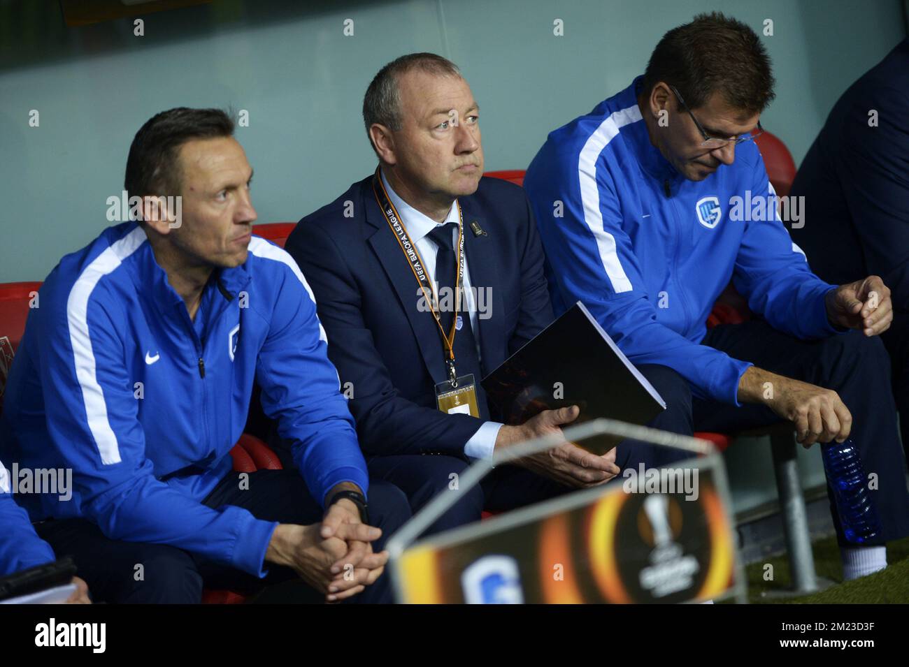 Genk's goalkeeper coach Erwin Lemmens, Genk's assistant coach Pierre Denier and Genk's assistant coach Rudy Cossey pictured during a soccer game between Spanish Club Athletic Bilbao and Belgian team KRC Genk in Bilbao, Spain, Thursday 03 November 2016, the fourth game of the group stage of the Europa League competition in Group F. BELGA PHOTO YORICK JANSENS Stock Photo