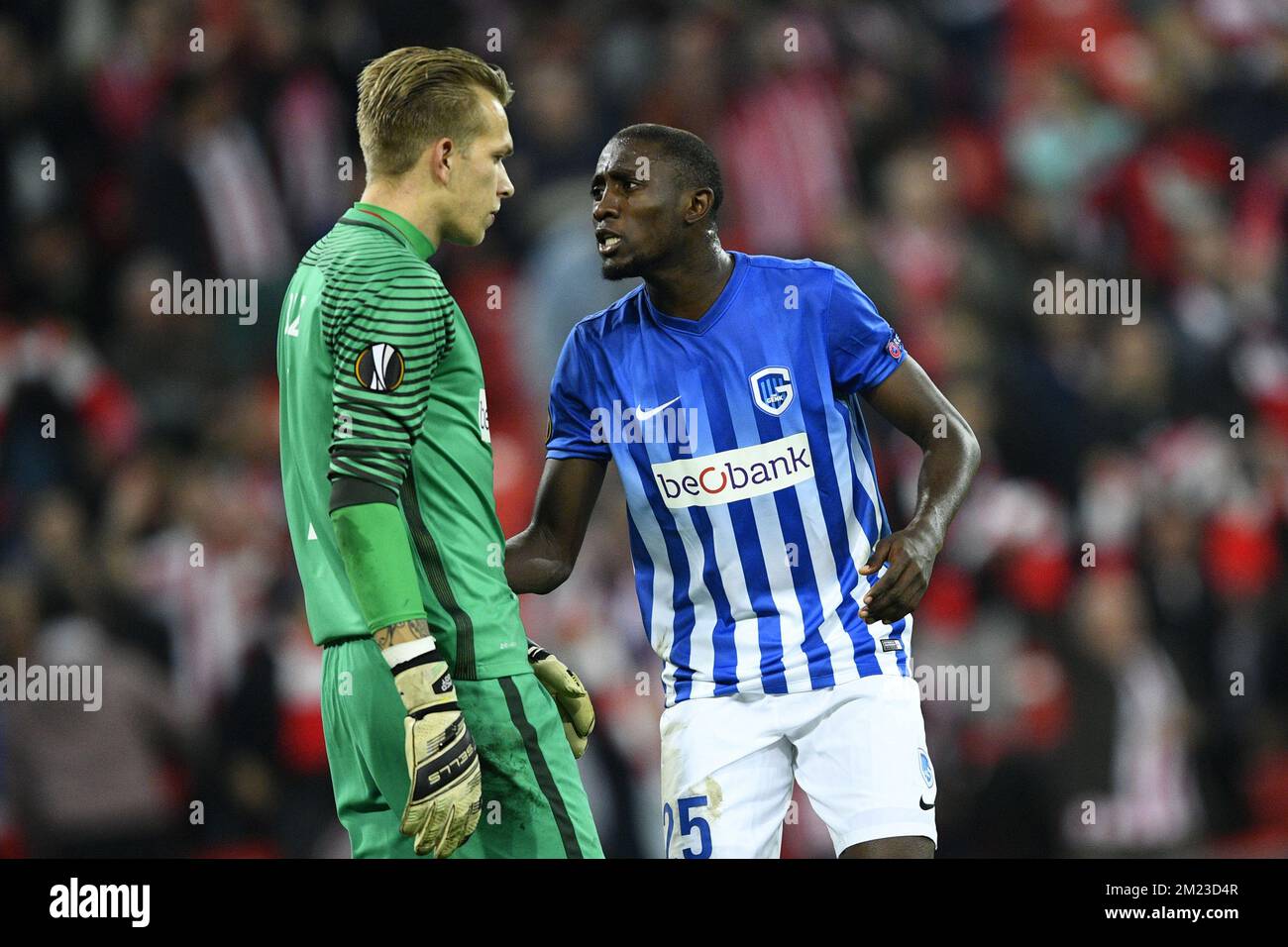 Genk's goalkeeper Marco Bizot and Genk's Wilfried Onyinye Ndidi pictured during a soccer game between Spanish Club Athletic Bilbao and Belgian team KRC Genk in Bilbao, Spain, Thursday 03 November 2016, the fourth game of the group stage of the Europa League competition in Group F. BELGA PHOTO YORICK JANSENS Stock Photo