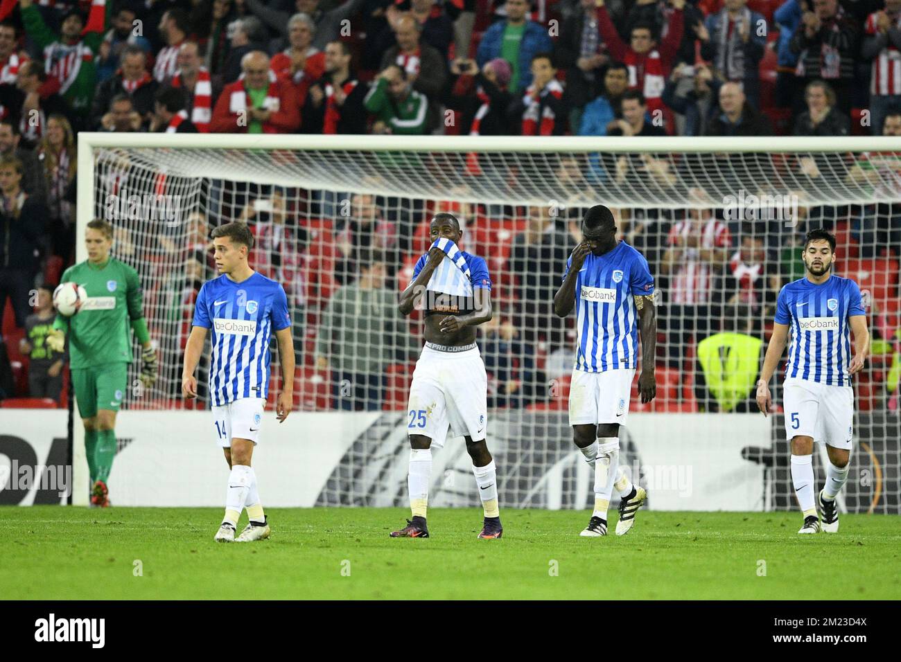 Genk's goalkeeper Marco Bizot, Genk's Leandro Trossard, Genk's Wilfried Onyinye Ndidi, Genk's Omar Colley and Genk's Sandy Walsh pictured during a soccer game between Spanish Club Athletic Bilbao and Belgian team KRC Genk in Bilbao, Spain, Thursday 03 November 2016, the fourth game of the group stage of the Europa League competition in Group F. BELGA PHOTO YORICK JANSENS Stock Photo