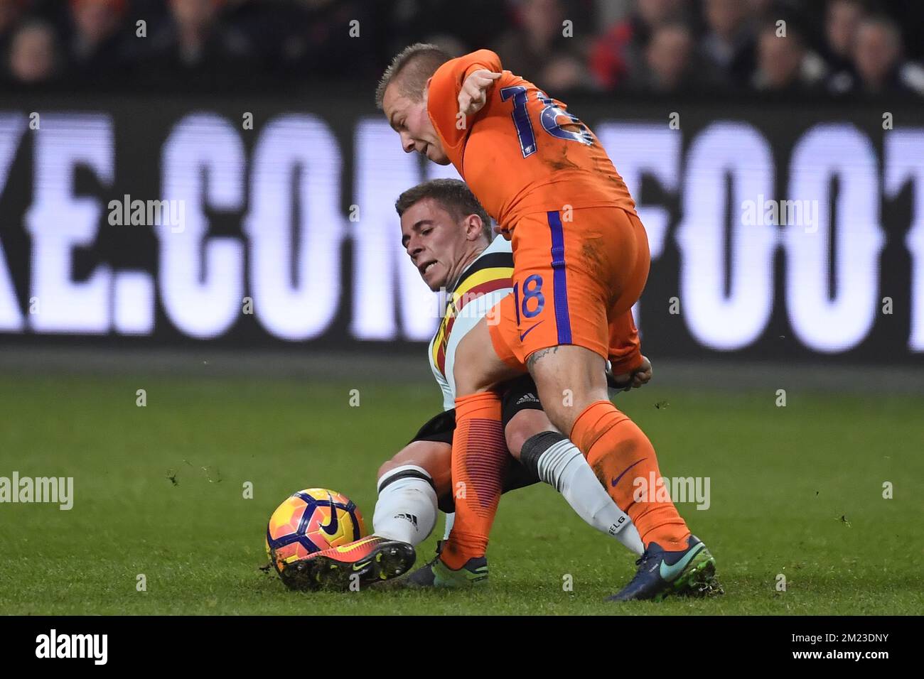 Belgium's Thorgan Hazard and Netherland's Jordy Clasie fight for the ball during a friendly game of Belgian national soccer team Red Devils against the Netherlands, on Wednesday 09 November 2016, in Amsterdam, Netherlands.  BELGA PHOTO DIRK WAEM Stock Photo